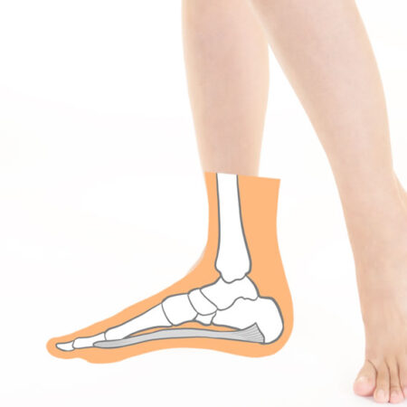 Foot with orange outline and white bone diagram showing the ankle and foot bones outside a real foot surface.