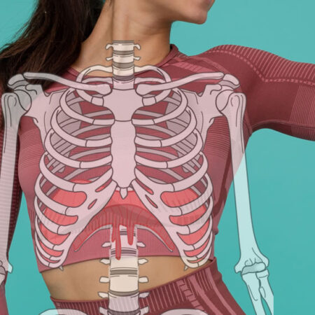 Front view of a person with a semi-transparent skeleton overlay showing the ribcage, spine, and chest muscles against a teal background.