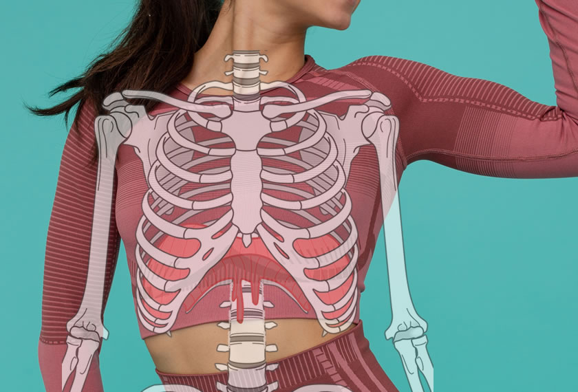 Front view of a person with a semi-transparent skeleton overlay showing the ribcage, spine, and chest muscles against a teal background.