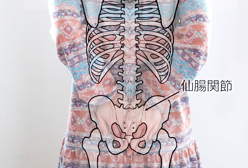 Educational diagram showing a translucent skeleton overlay on a person, highlighting the sacroiliac joints at the pelvis.